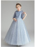 Elbow Sleeves Blue Star Lace Tulle Flower Girl Dress